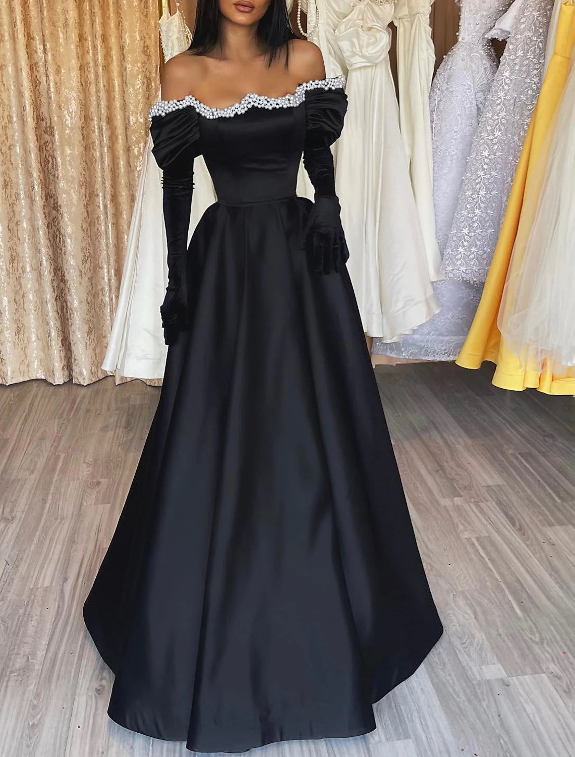 A-Line Evening Gown Gothic Dress Formal Wedding Party Floor Length Long Sleeve Off Shoulder Satin with Pearls 2025